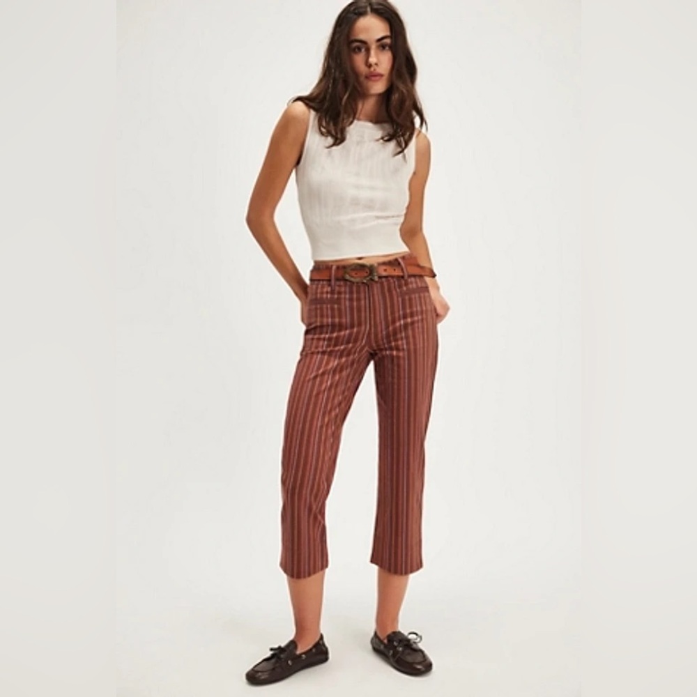 NWOT FREE PEOPLE  Ingrid Striped Cropped Capri Pants NWT Brown Orange